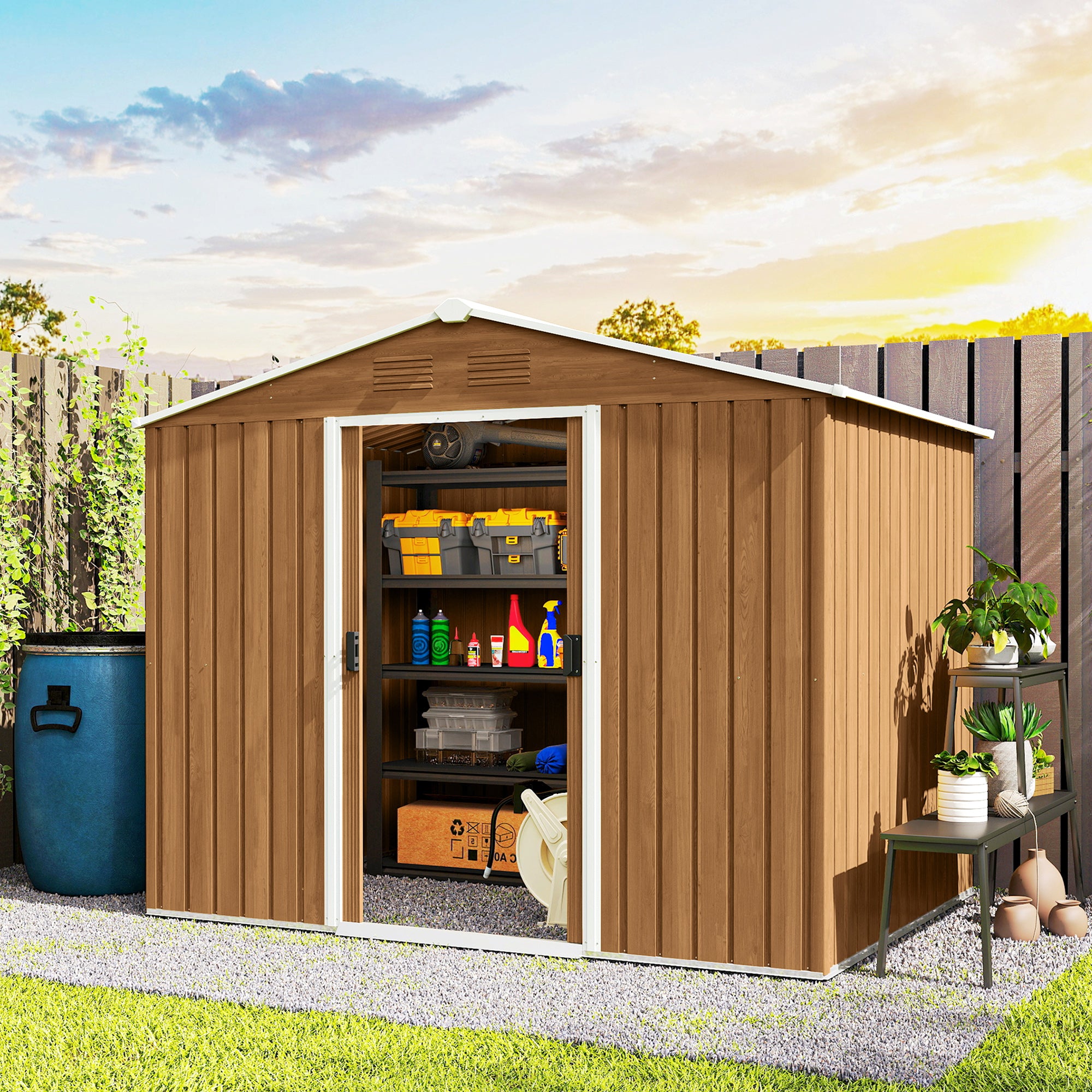 8' x 6' Outdoor Storage Shed, Metal Garden Tool Storage House with Lockable Sliding Doors and Vents for Backyard Patio Lawn, Dark Brown