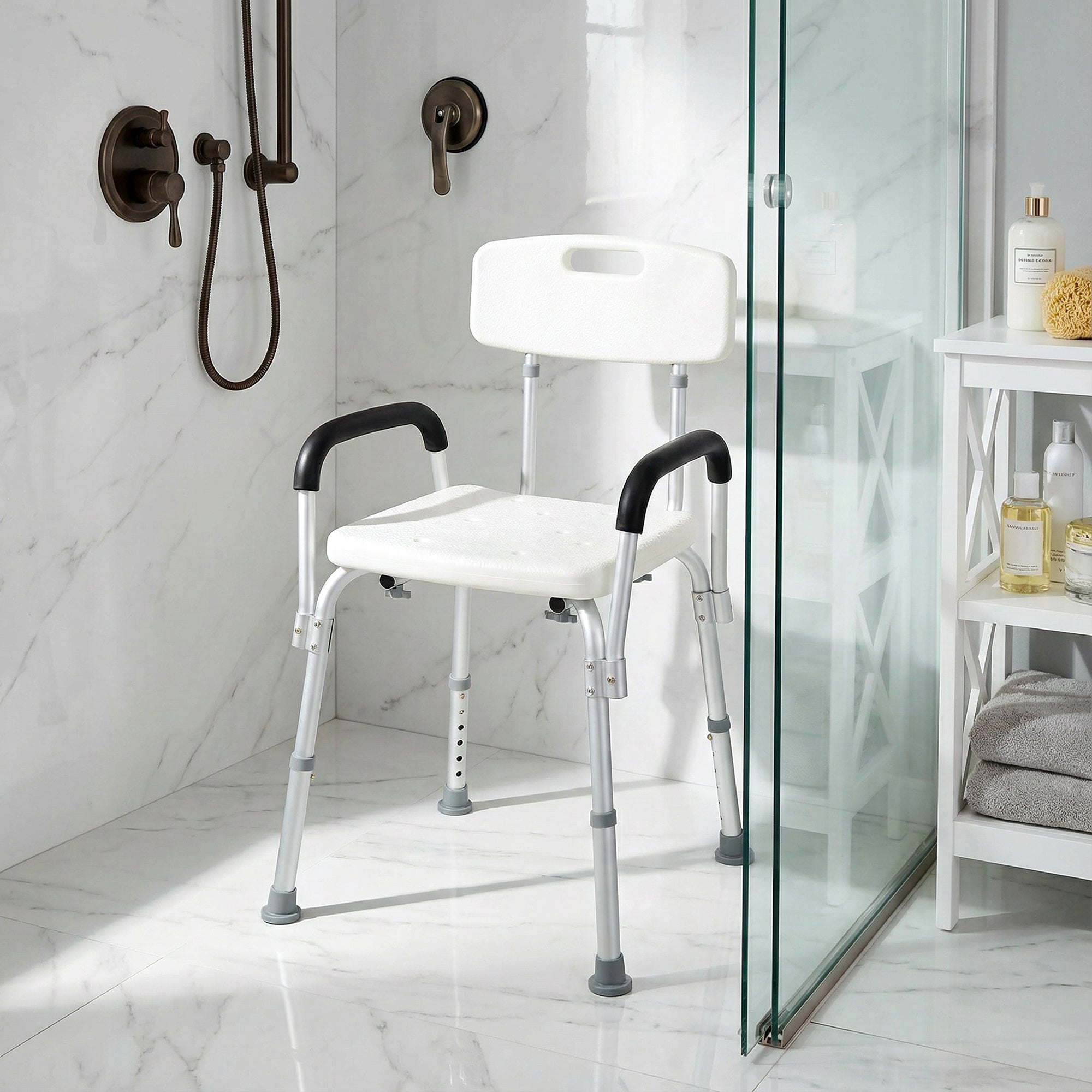 Adjustable Medical Shower Chair with Back, Bathtub Bench Bath Seat with Padded Arms, Non Slip Tub Safety for Disabled, Seniors, Elderly