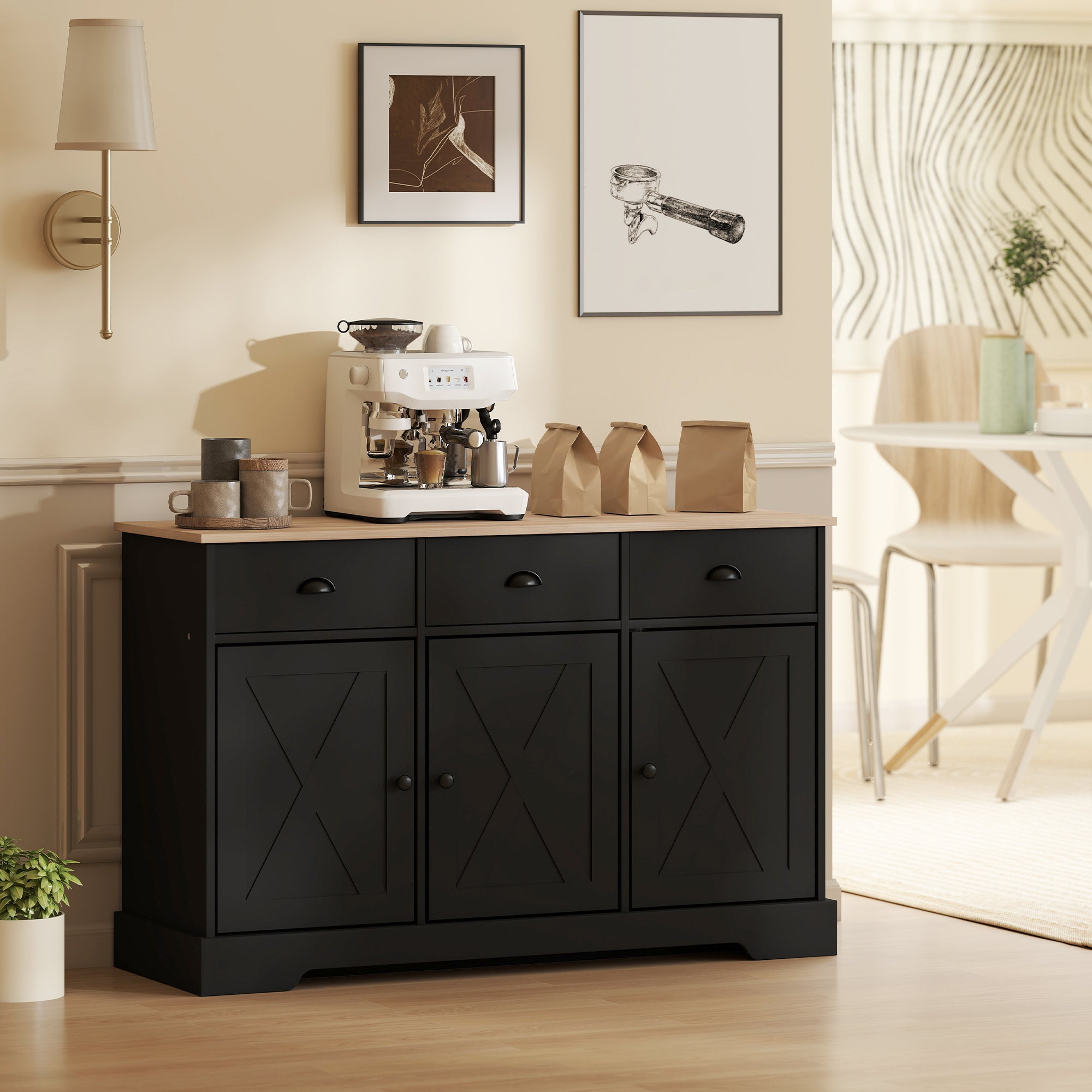 46.5" Buffet Cabinet, Farmhouse Sideboard with 3 Barn Doors and 3 Drawers for Living Room, Kitchen, Black