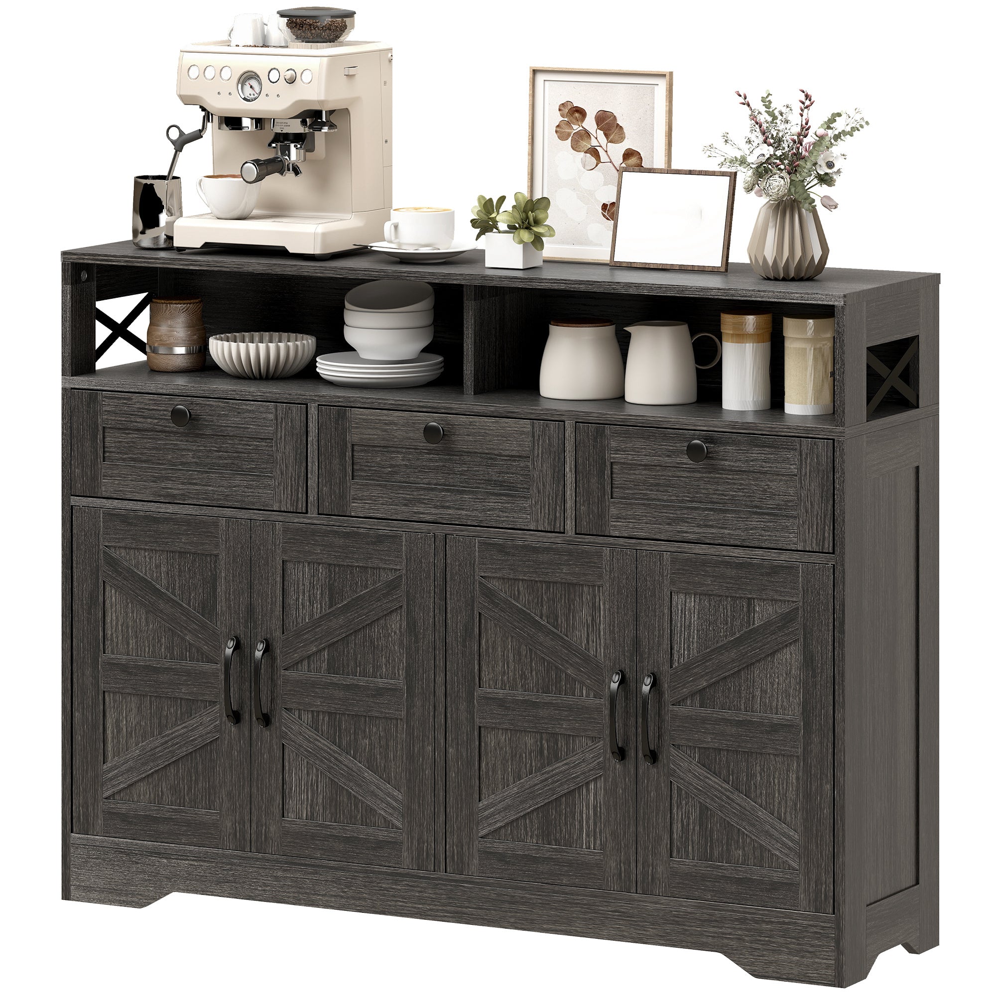 Sideboard, Buffet Cabinet with 4 Barn Doors and 3 Drawers, Coffee Bar Cabinet with Adjustable Shelves, Dark Brown