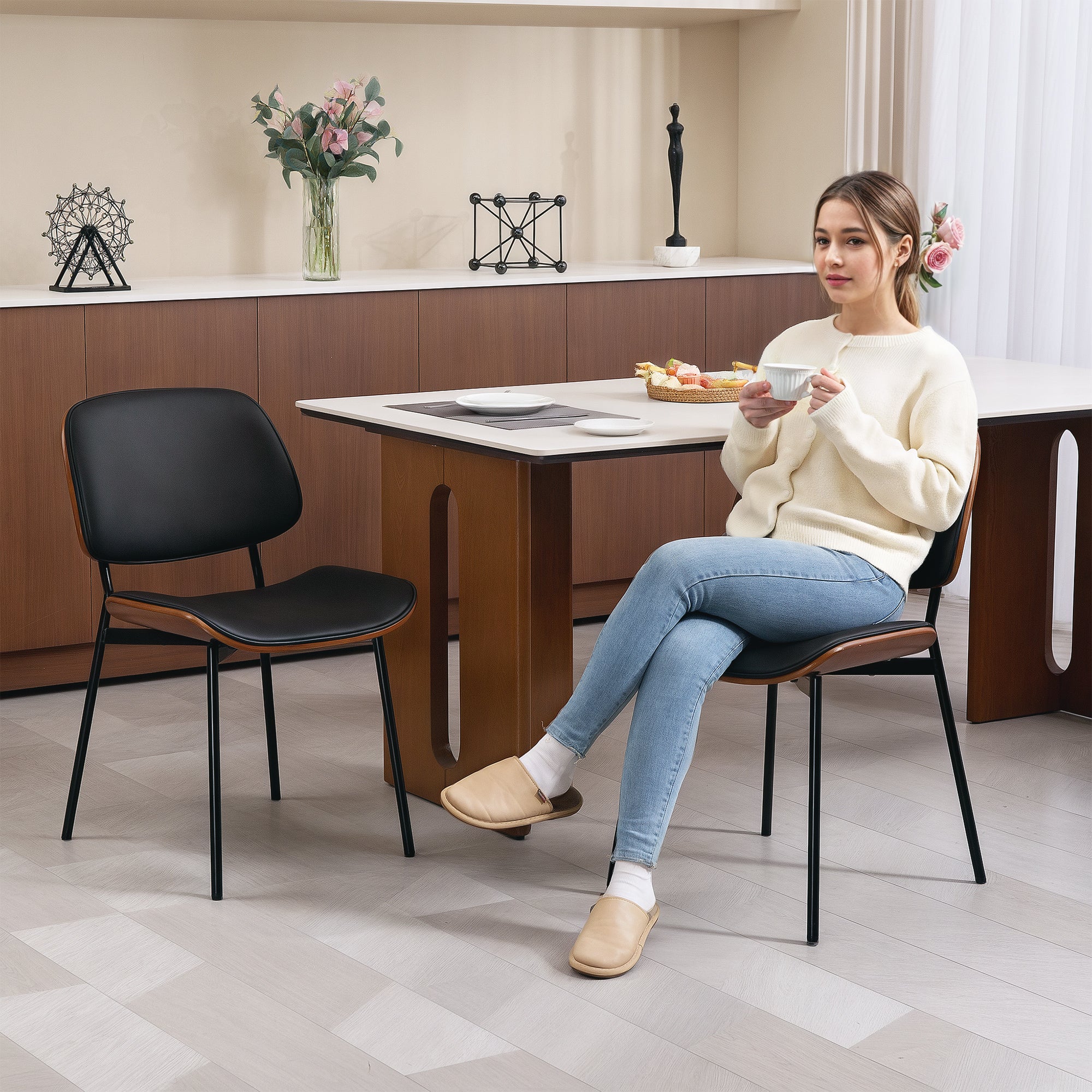 Dining Chairs Set of 2, Mid Century Modern Dining Room Chairs with Bentwood Back and Metal Legs for Kitchen Living Room