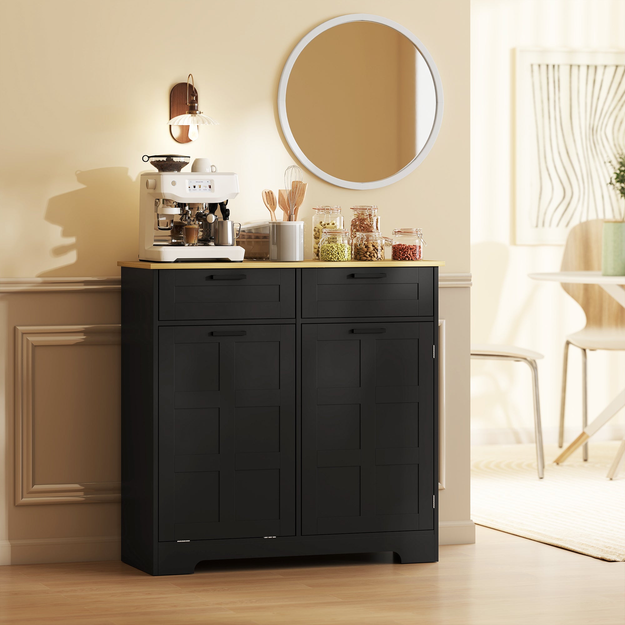 7 Gallon Tilt Out Garbage Cabinet, Kitchen Island with Trash Cabinet, 2 Drawers, Door Racks, Adjustable Shelves, Black