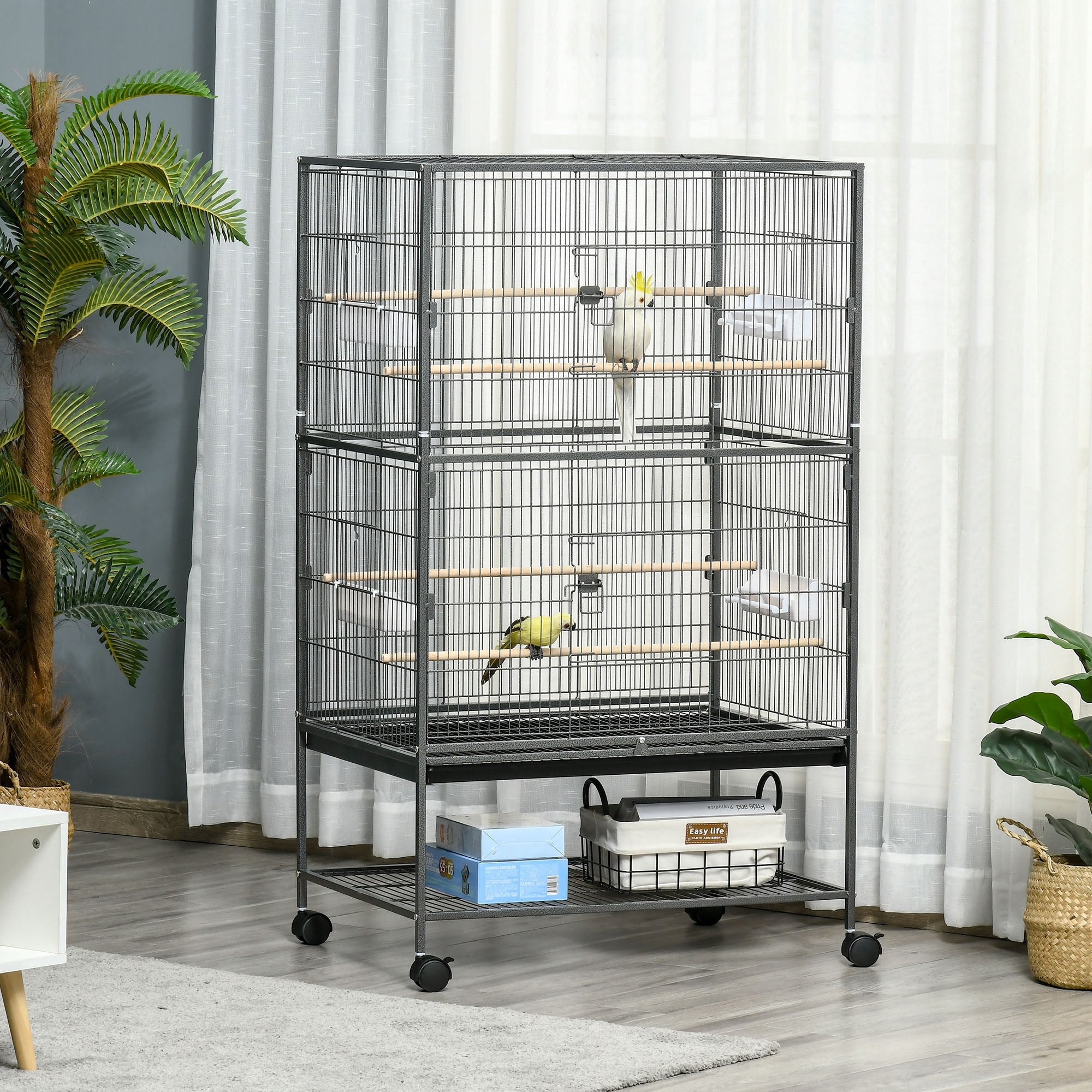 52'' Large Rolling Steel Bird Cage Bird House with Rolling Stand, Storage Shelf, Wood Perch, Food Container, Dark Grey