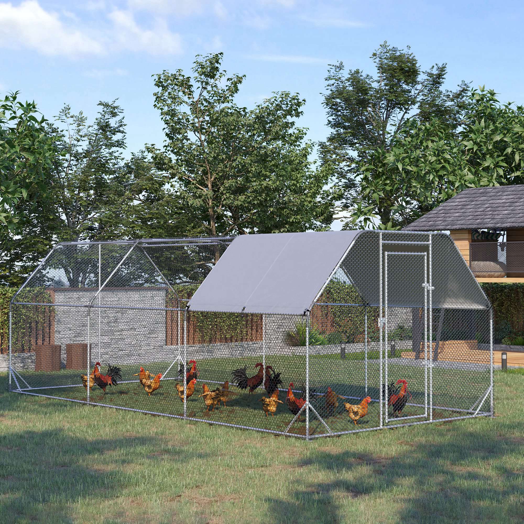 Chicken Run, Galvanized Large Metal Chicken Coop Cage, Walk-in Enclosure Poultry Hen Run House Playpen Rabbit Hutch with Flat Roof, Cover, 9.2' x 18.7' x 6.5', Silver