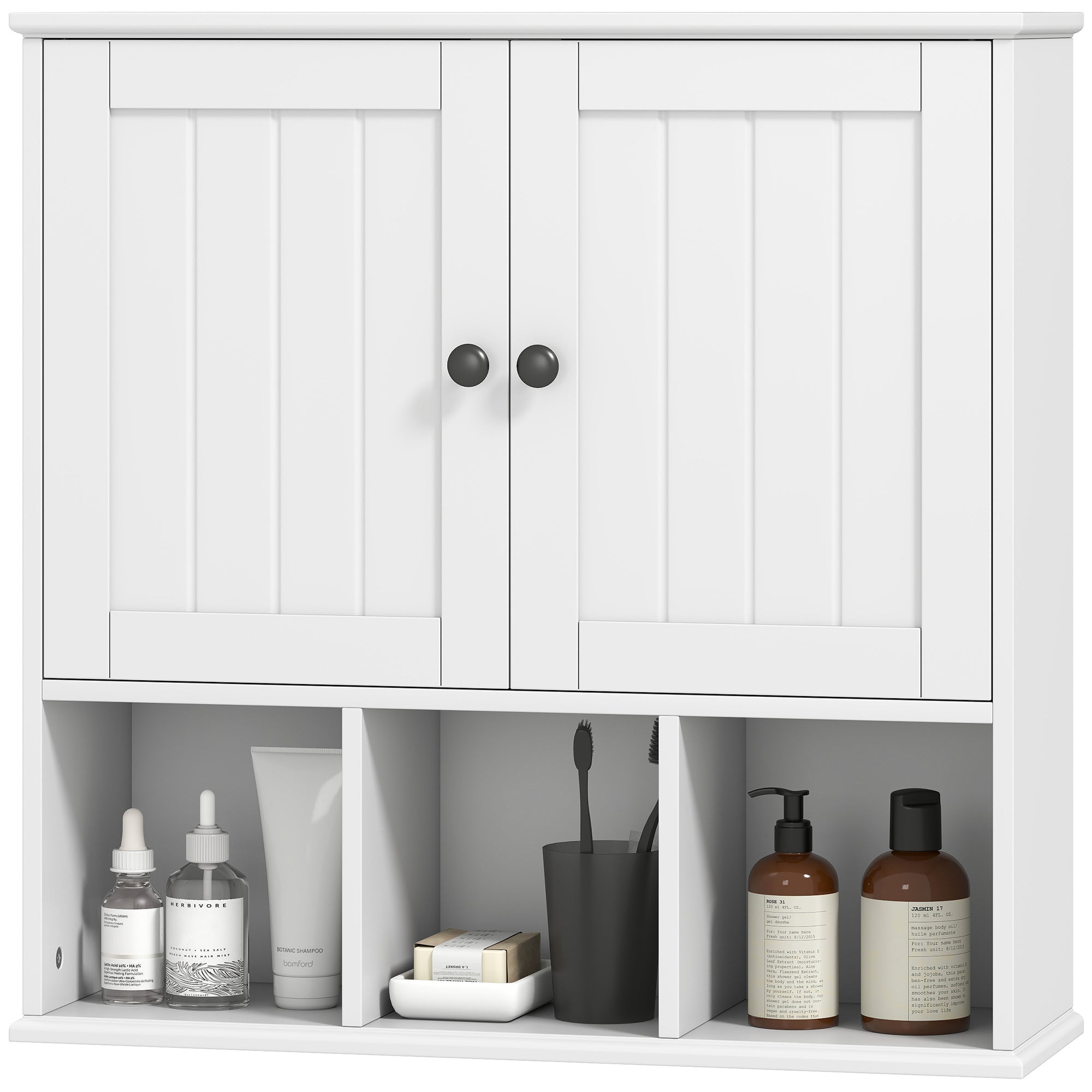 Farmhouse Bathroom Wall Cabinet, Wall Mounted Medicine Cabinet with Adjustable Shelf, Open Compartments, White
