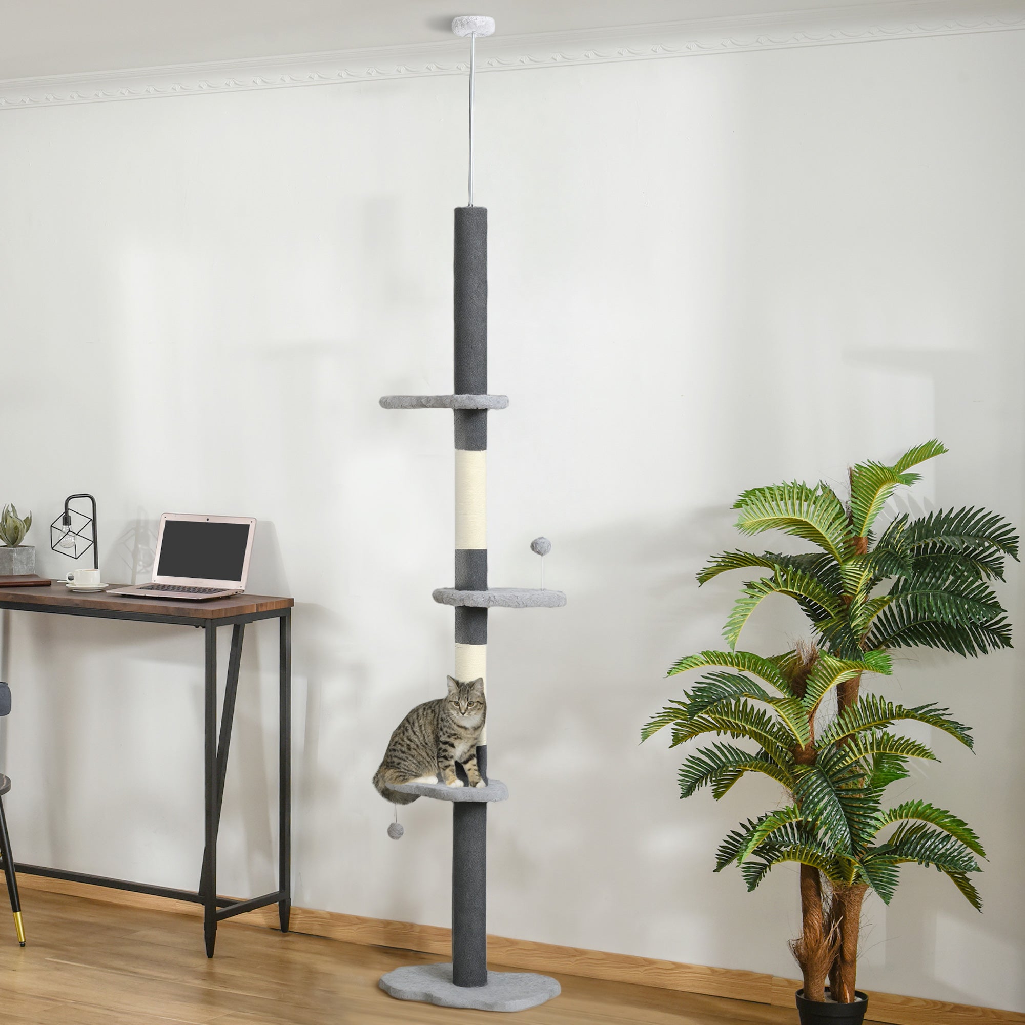 88.5"-100.5" Floor to Ceiling Cat Tree, Cat Tower with Scratching Posts, Cloud Shaped Platforms, Dangling Balls, Grey