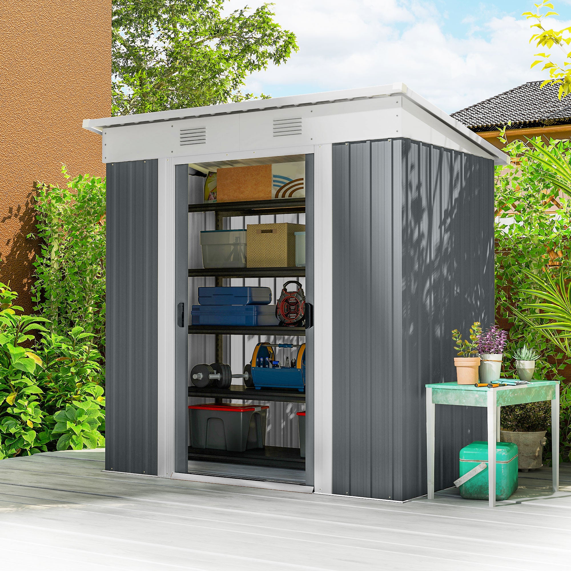 6' x 4' Outdoor Storage Shed, Metal Garden Shed with Lockable Sliding Doors and Vents, Grey
