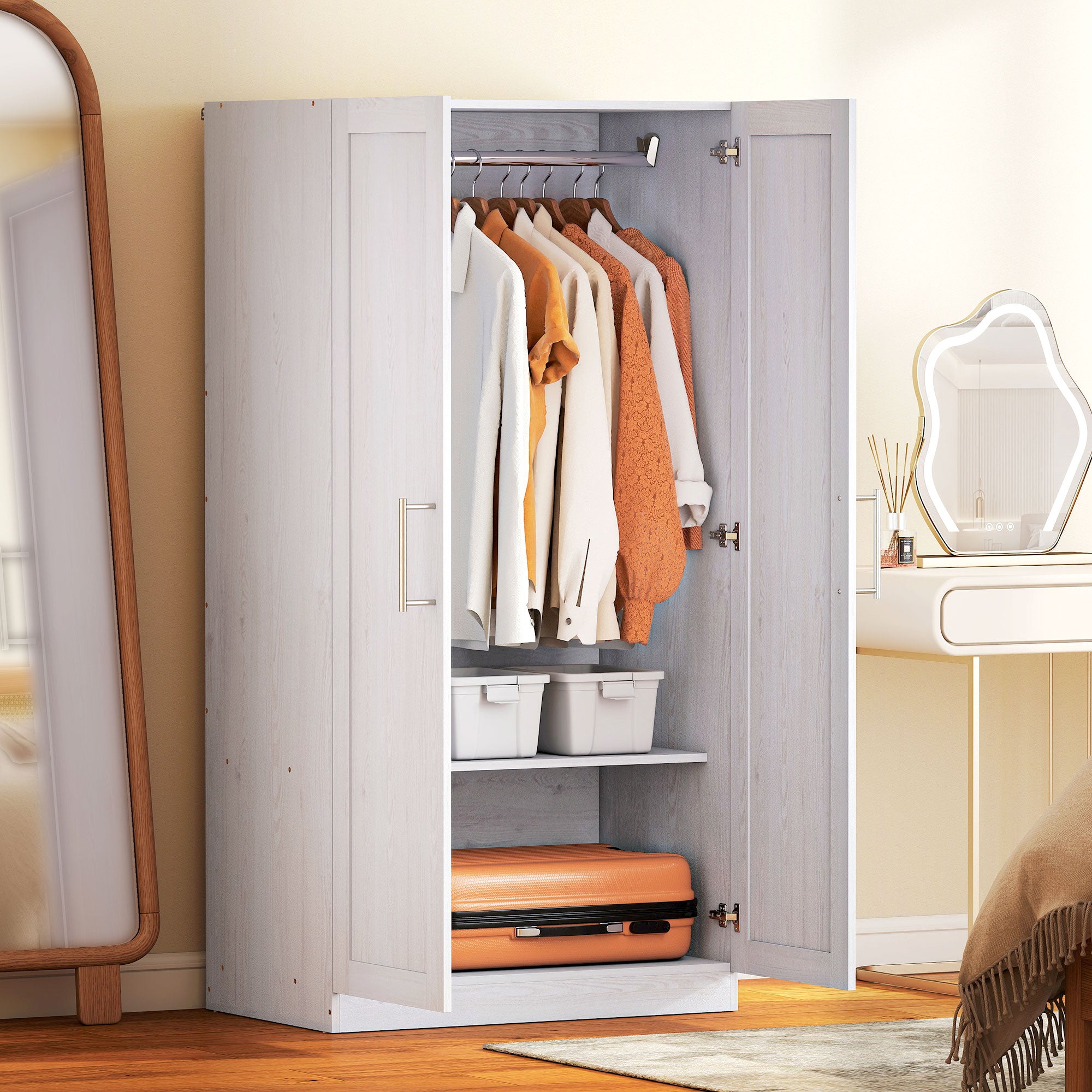 Wardrobe Cabinet with 2 Doors and Hanging Rod, Modern Armoire Wardrobe Closet for Bedroom, White Wood Effect
