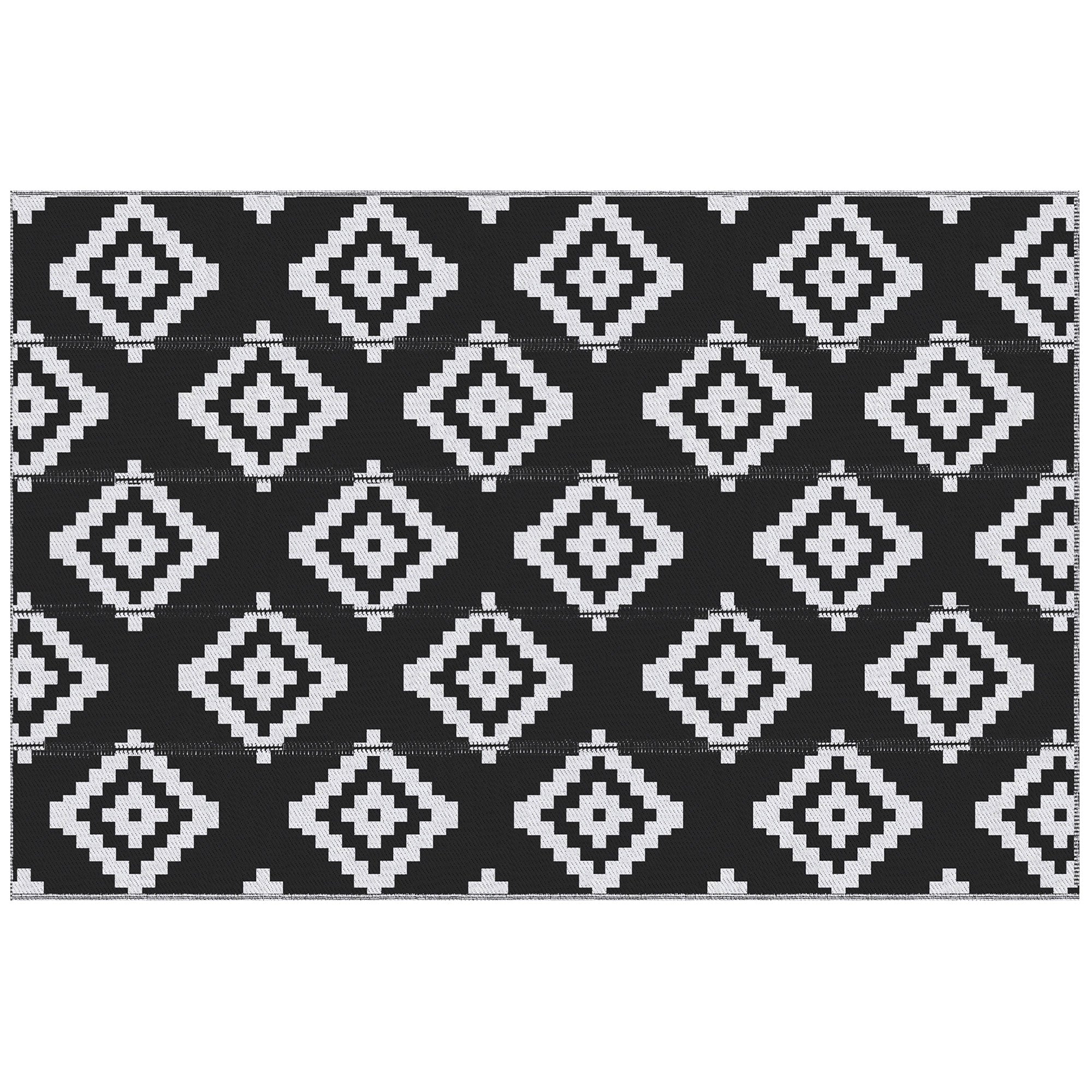 Reversible Outdoor RV Rug, Patio Floor Mat, 6' x 9' Plastic Straw Rug for Backyard, Deck, Beach, Camping, Black & White