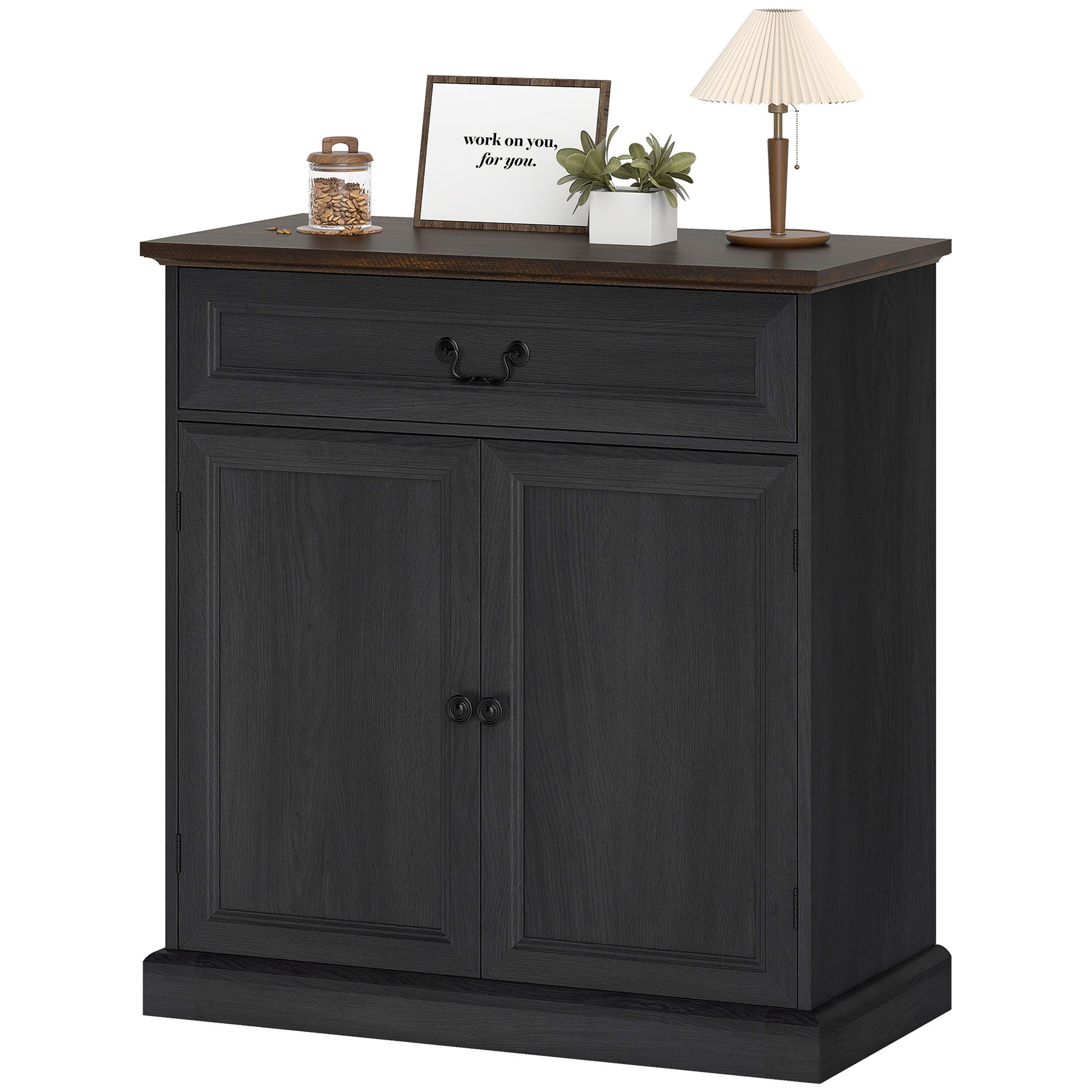 Buffet Cabinet, 32" Farmhouse Sideboard with Thick Top, Quiet Drawer and Adjustable Shelf, Black Wood Grain