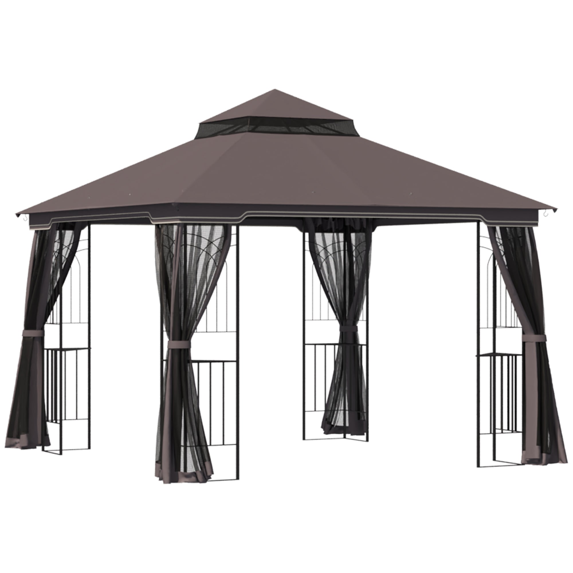 10'x10' Soft-top Patio Gazebo with Double Tier Roof, Mesh Curtains, Display Shelves, Top Hooks, Coffee