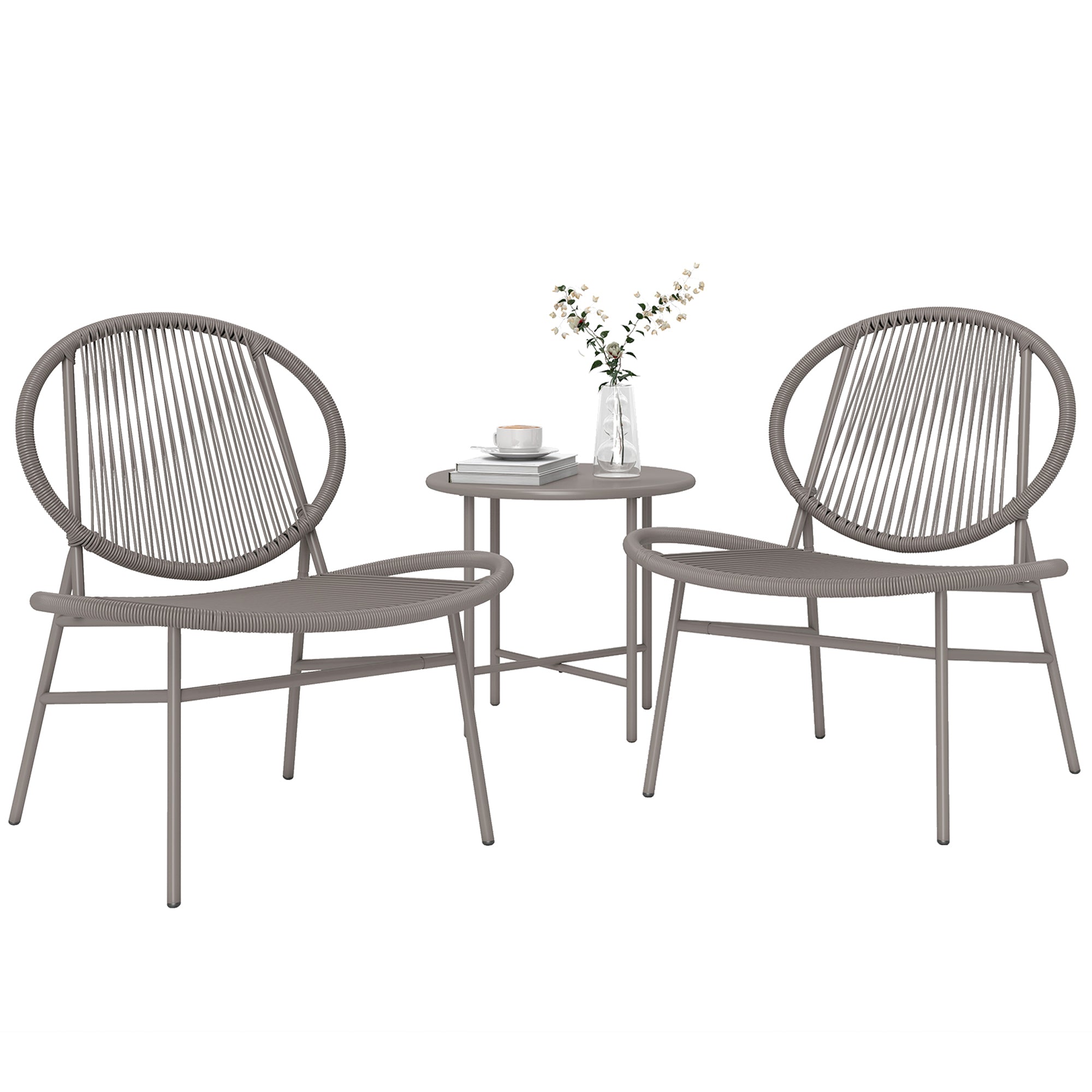 Rattan Bistro Set, 3 Pieces Wicker Patio Furniture Set, Acapulco Chairs and Steel Table for Porch, Balcony, Light Grey