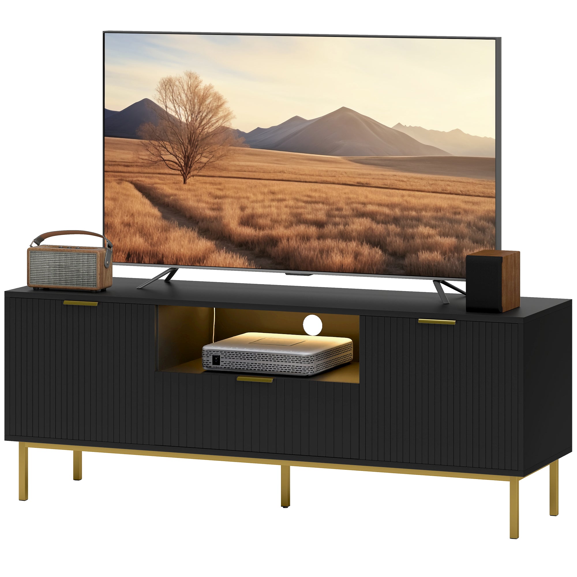 Modern TV Console for TVs up to 50 Inch, Entertainment Center with Smart RGB LED Lights and Soft Close Doors, Black