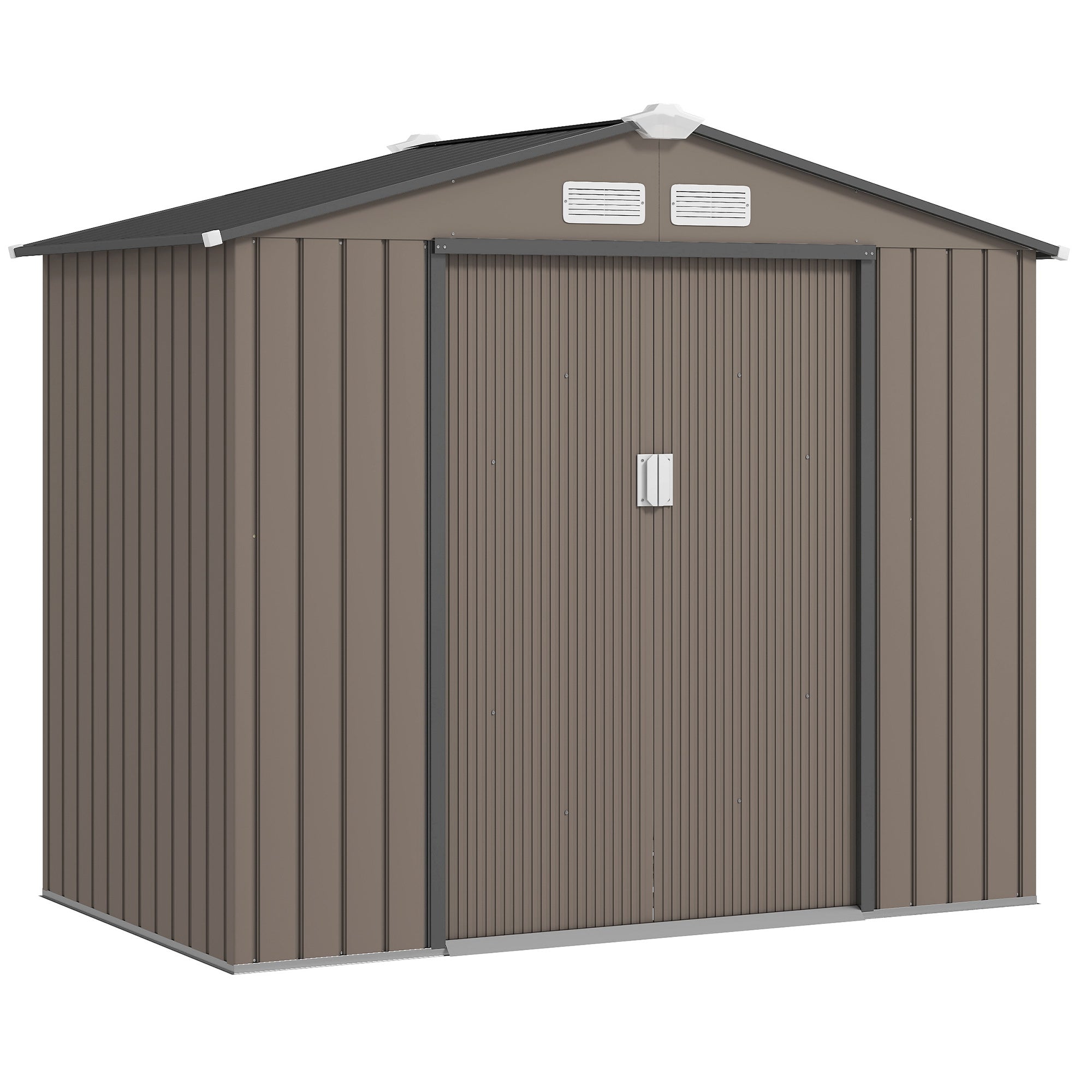 7' x 4' x 6' Garden Storage Shed Outdoor Patio Metal Tool Storage House w/ Foundation Kit and Double Doors Brown
