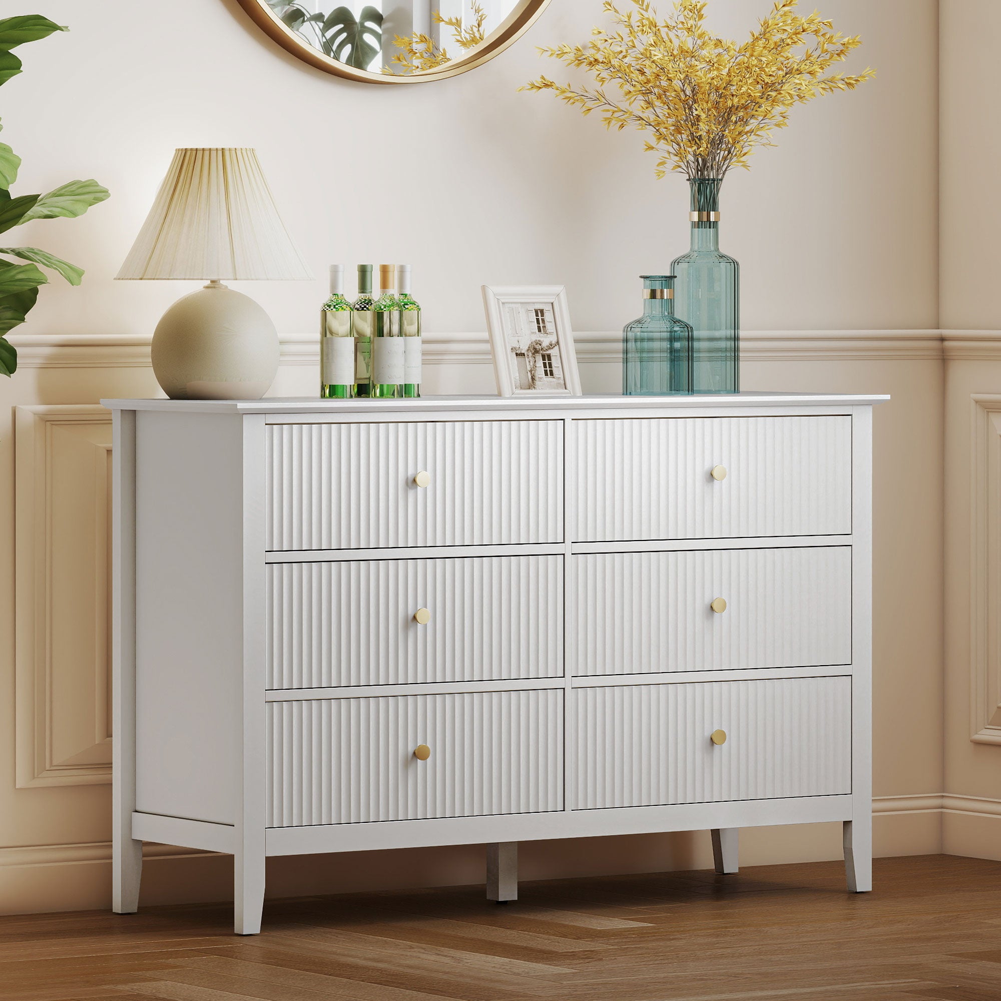 Double Chest of Drawers, Modern 6 Drawer Dresser for Bedroom, Living Room, Hallway, Closet, White