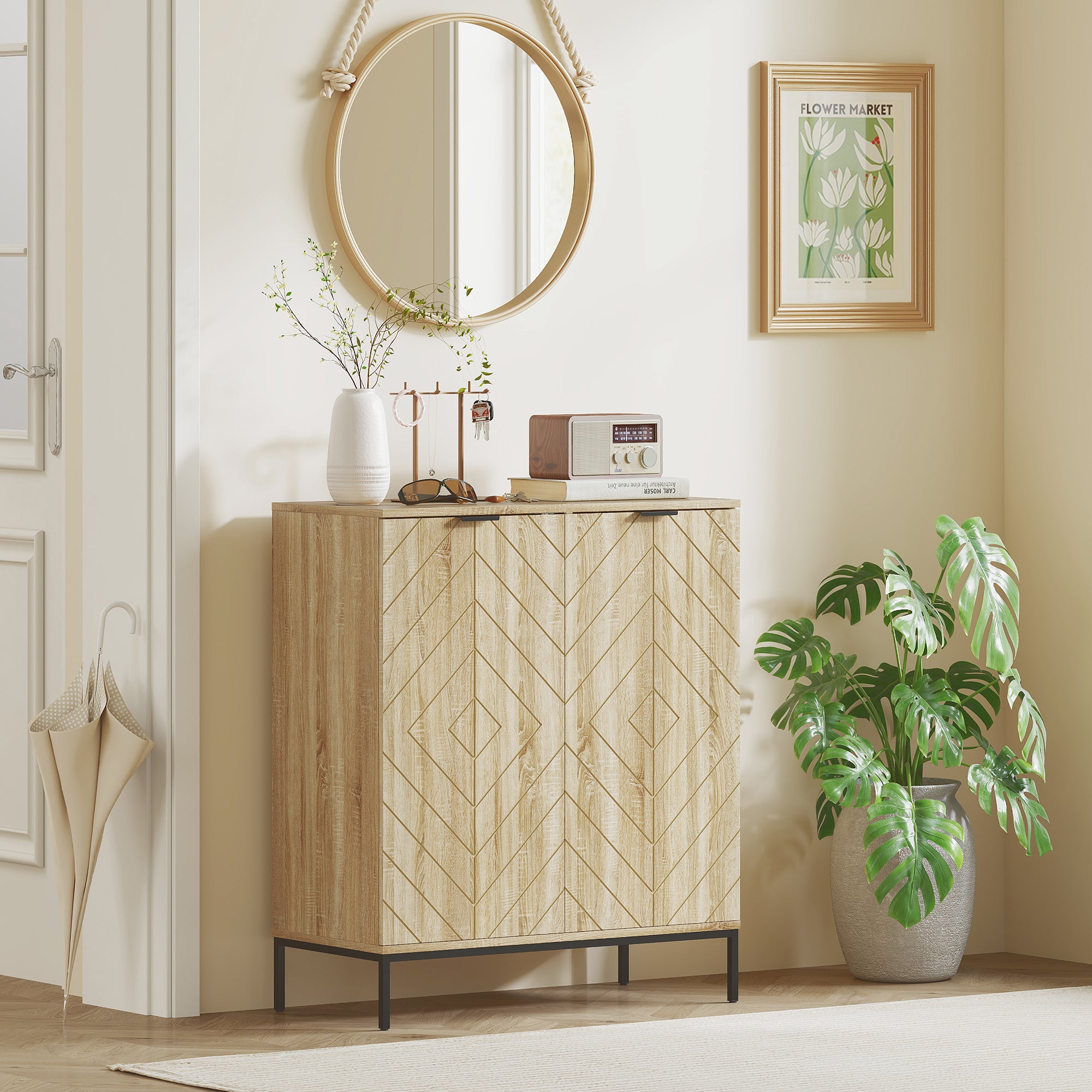 Shoe Storage Cabinet for 15 Pairs, Freestanding Shoe Cabinet with Doors and Adjustable Shelves for Hallway, Oak