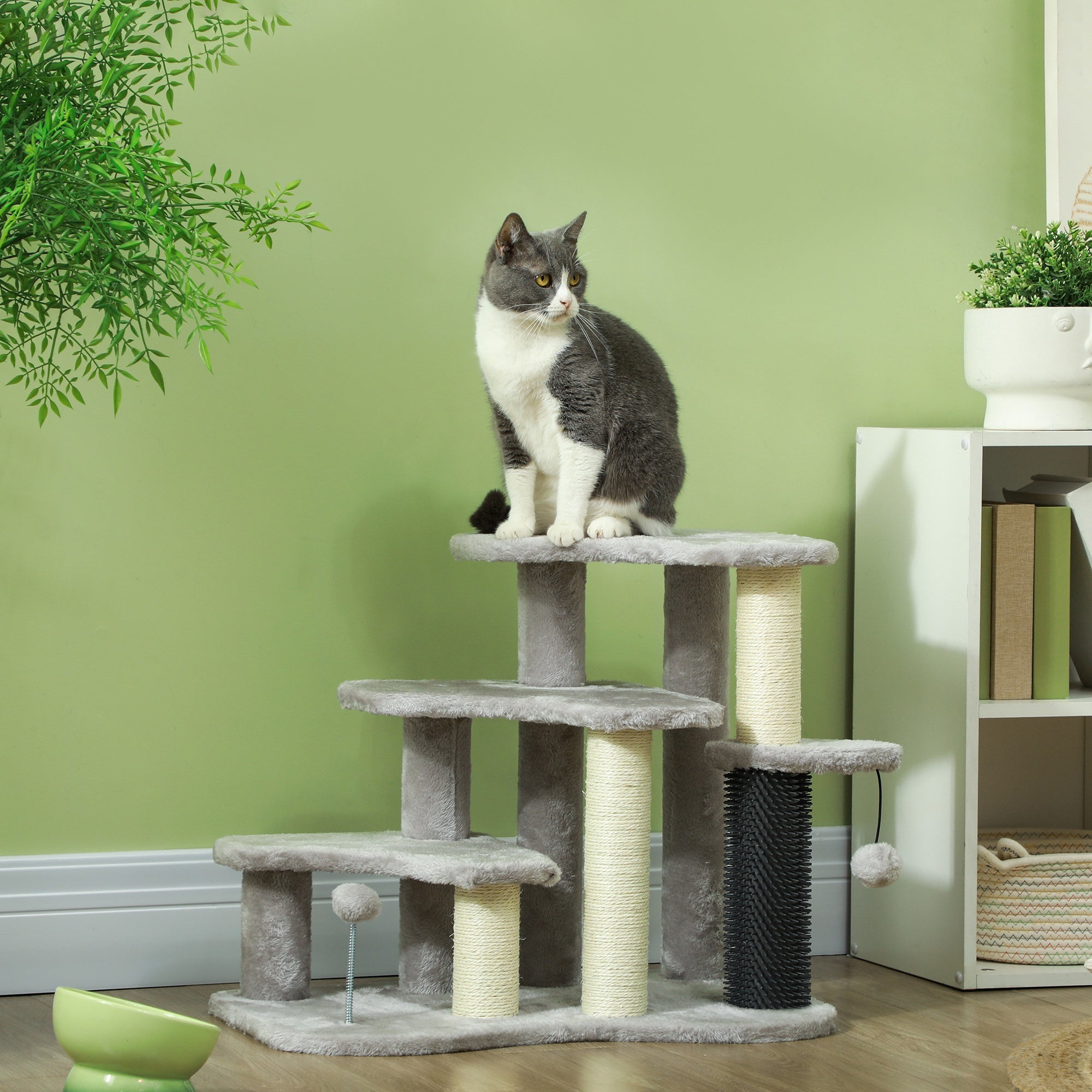 2 in 1 Cat Tree 3 Steps Pet Stairs with Scratching Posts, Tickling Post, Toy Balls, for Bed, Couch, Sofa, Light Grey