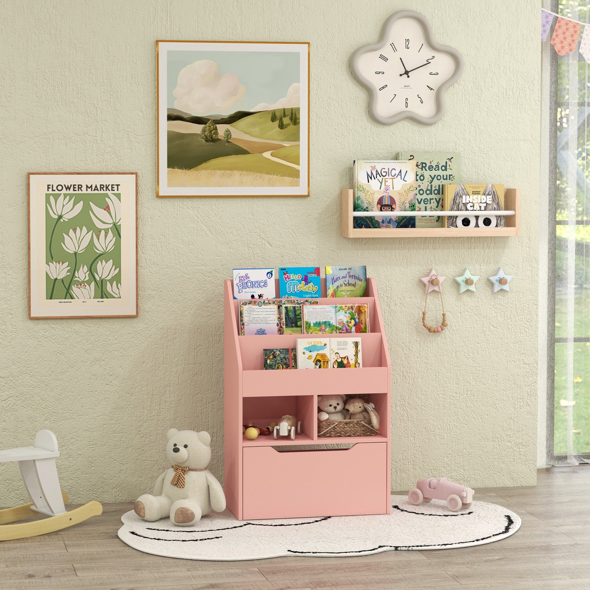 Kids Bookcase with Storage Drawer for Books, Reading Nook, for Classroom, Bedroom, Playroom, Pink