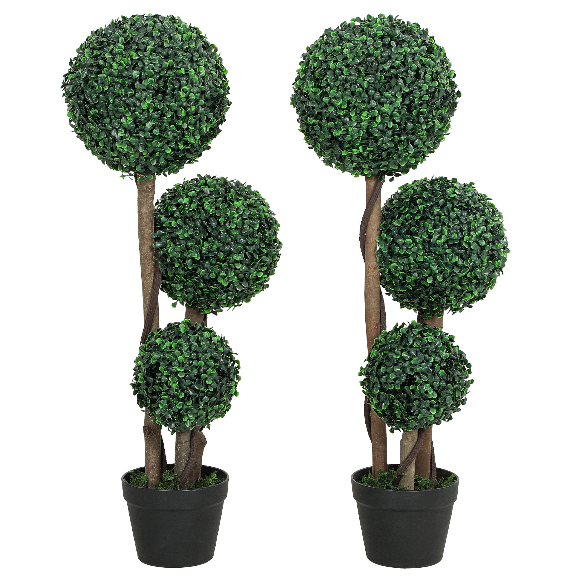 35 Inch Potted Fake Plant Set of 2, Artificial Boxwood Topiary Tree, Triple Ball Tree for Indoor and Outdoor, Green