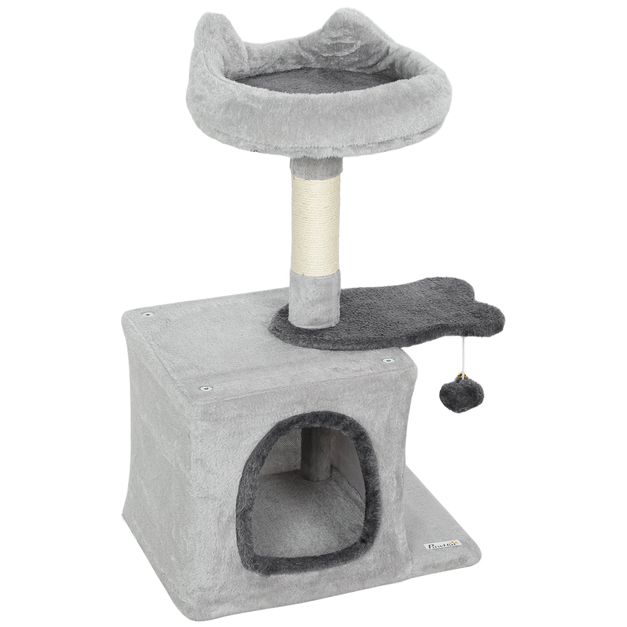 28" Cat Tree Tower with Plush Top Bed, Cozy Condo, Sisal Scratching Post, Perch, Dangling Ball, Light Grey