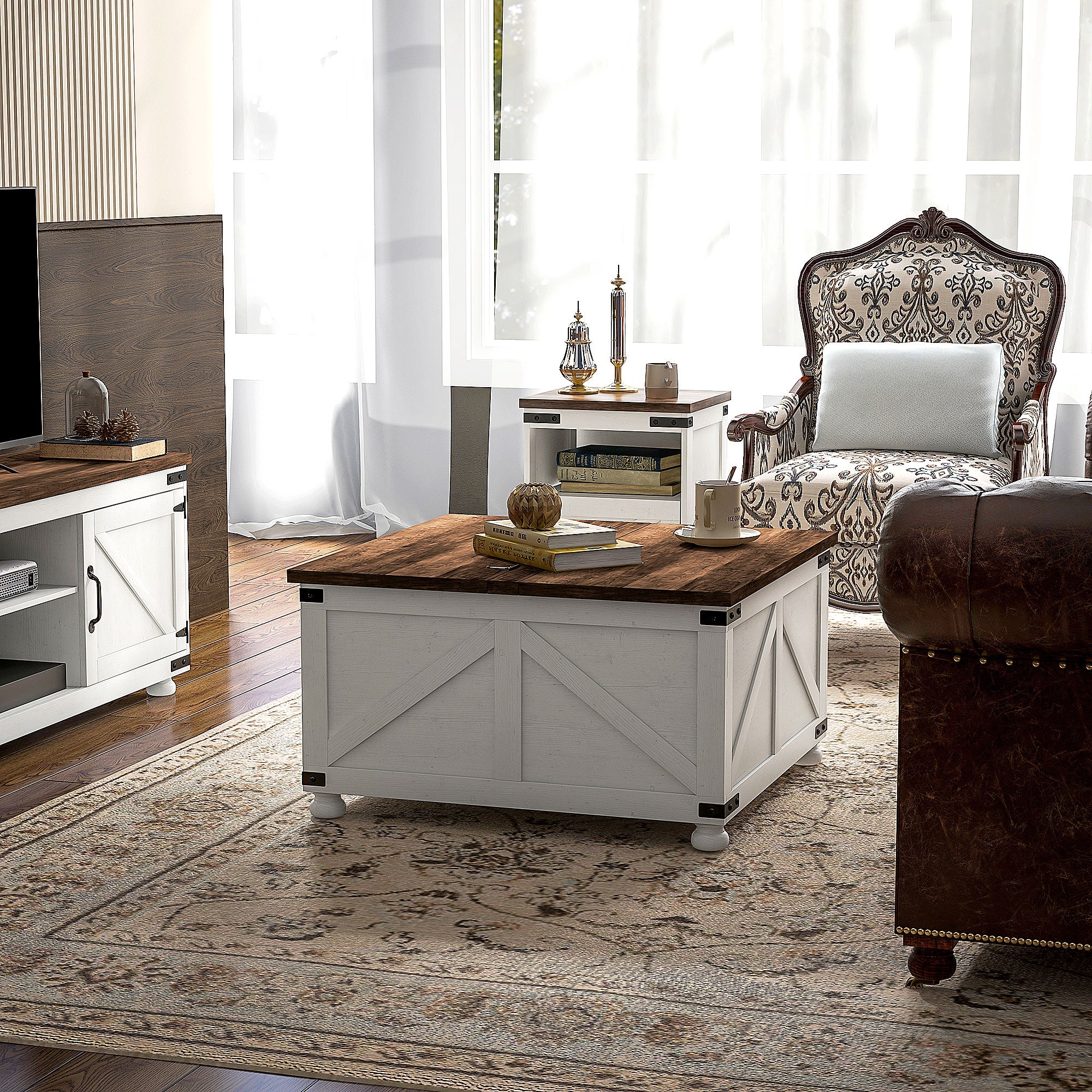 Coffee Table with Lift Top, 32" Farmhouse Center Table with Hidden Compartment for Living Room, Antique White