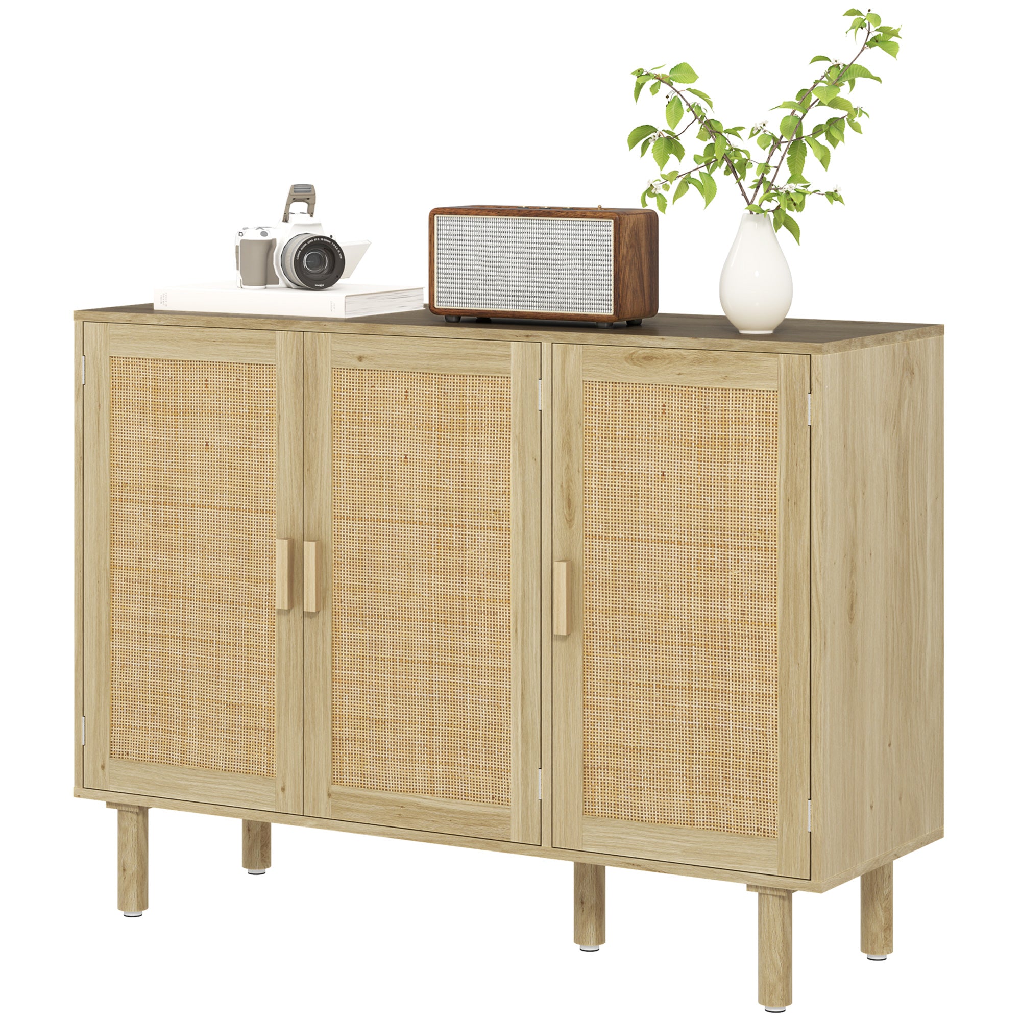 Bohemian Sideboard, 46.9" Buffet Cabinet with 3 Rattan Doors and Shelves for Living Room, Hallway, Oak
