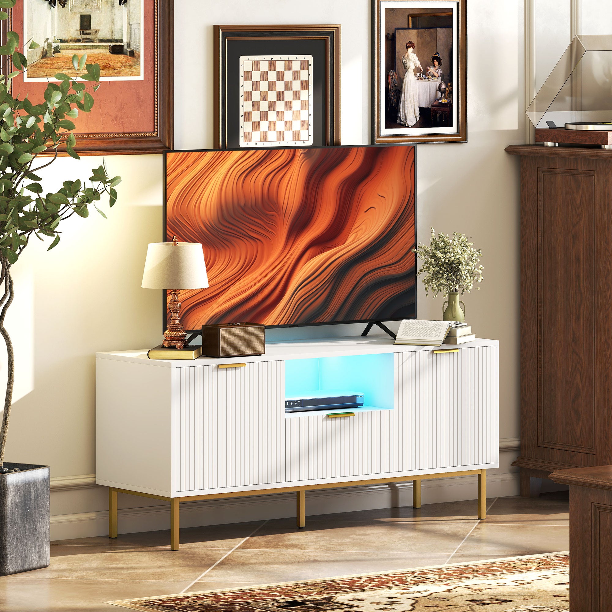 Modern TV Console for TVs up to 40 Inch, Entertainment Center with Smart RGB LED Lights and Soft Close Doors, White