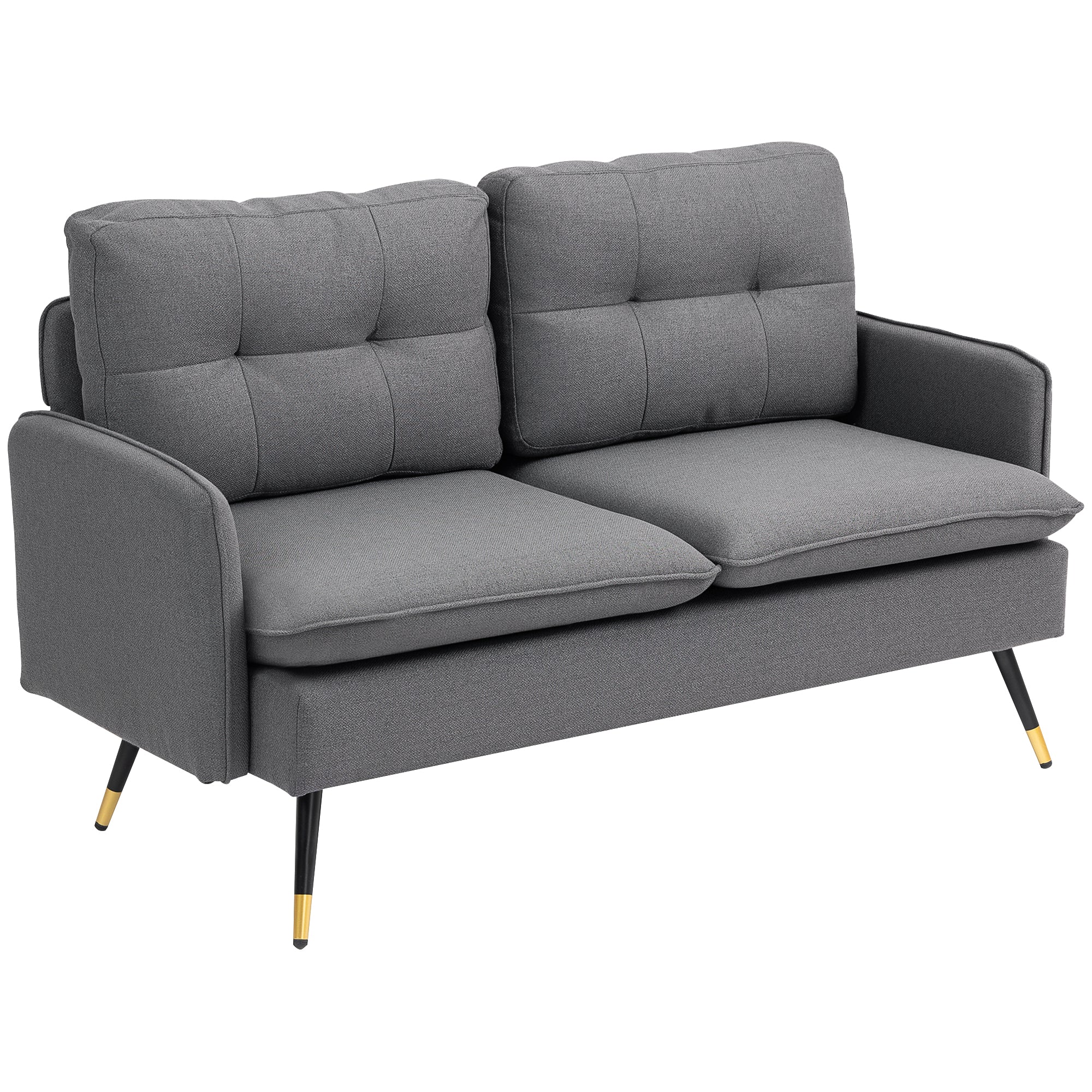 55" Loveseat Sofa, Linen Love Seat w/ S spring, Steel Legs and Button Tufting, Small Couch for Living Room, Dark Grey