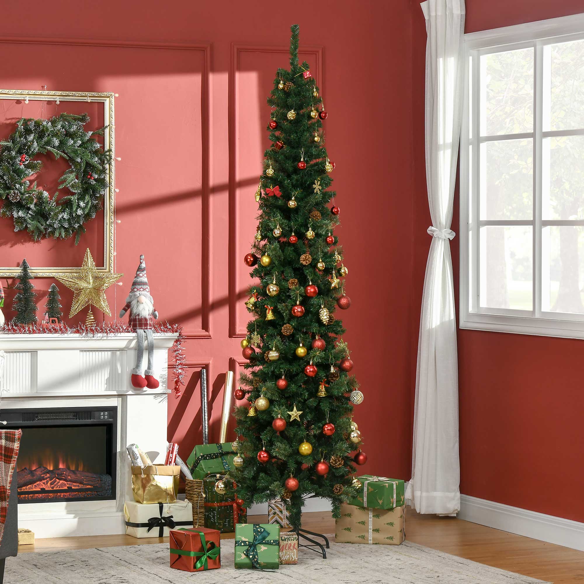 7.5ft Pencil Christmas Tree, Artificial Christmas with Pine Needles, Realistic Branches, Pine Cones, Metal Base, Green