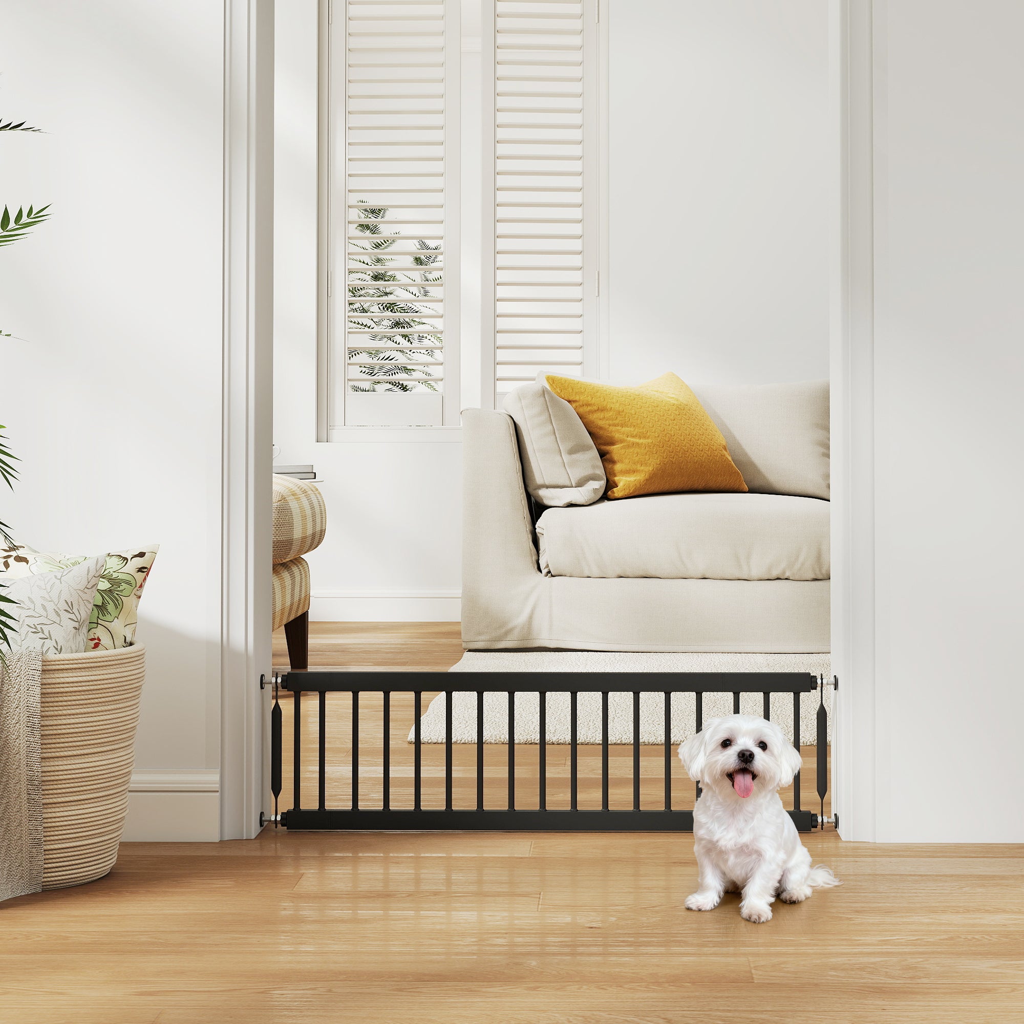 26"-37" Dog Gate, Adjustable Pet Gate, Fits 10" Tall with 2 Extension, Pressure Mount Kit for Stairs and Doorways, Black