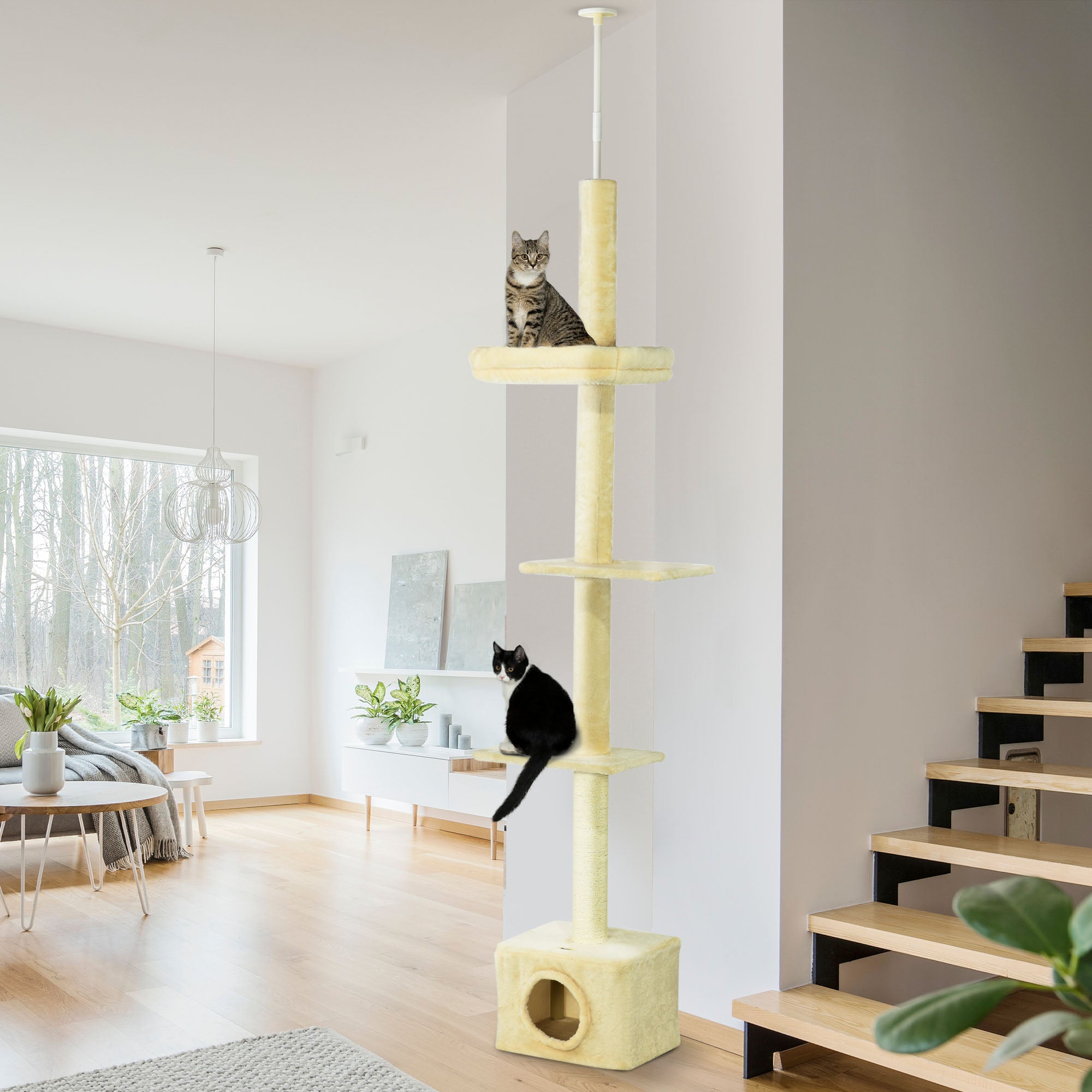Floor to Ceiling Cat Tree with Scratching Post for Indoor Cats, Adjustable Height Cat Tower (91-102 Inches) with House, Bed, Beige