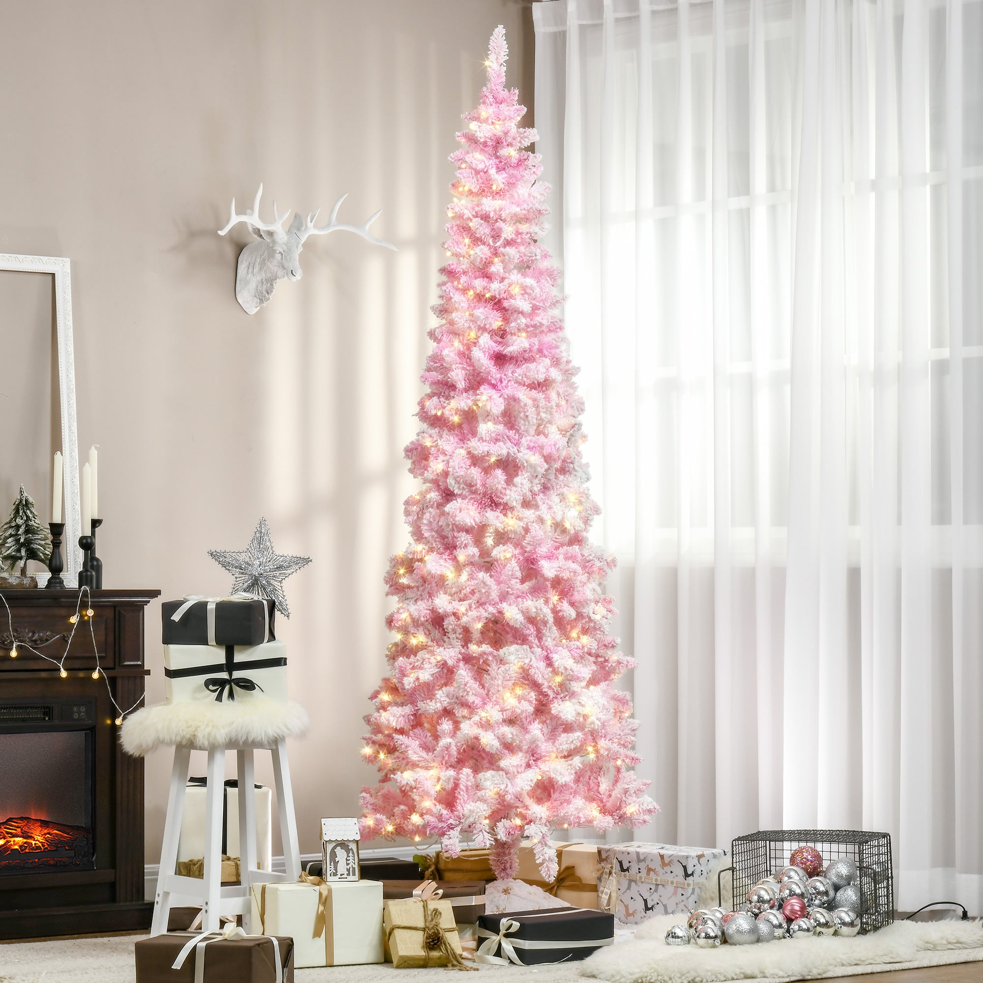 7.5 Foot Prelit Snow Flocked Artificial Christmas Tree with Pencil Shape, 700 Pine Realistic Branches, Warm White LED lights, Auto Open, Pink and White