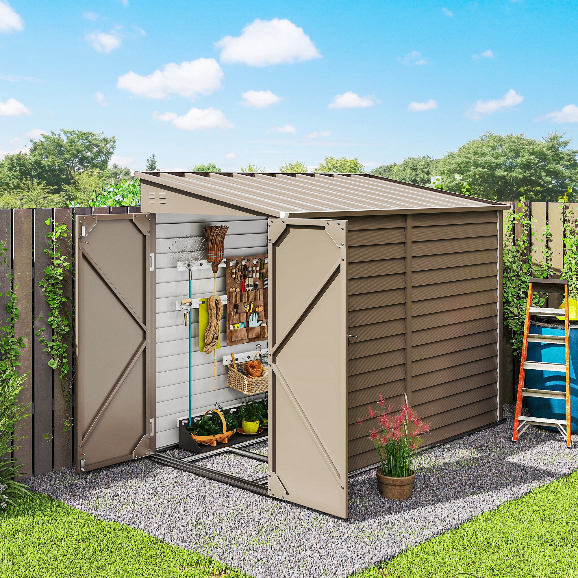 4.6' x 9' Steel Outdoor Storage Shed, Lean to Shed, Metal Tool House with Foundation Kit, Lockable Doors, Gloves and 2 Air Vents for Backyard, Patio, Lawn, Brown