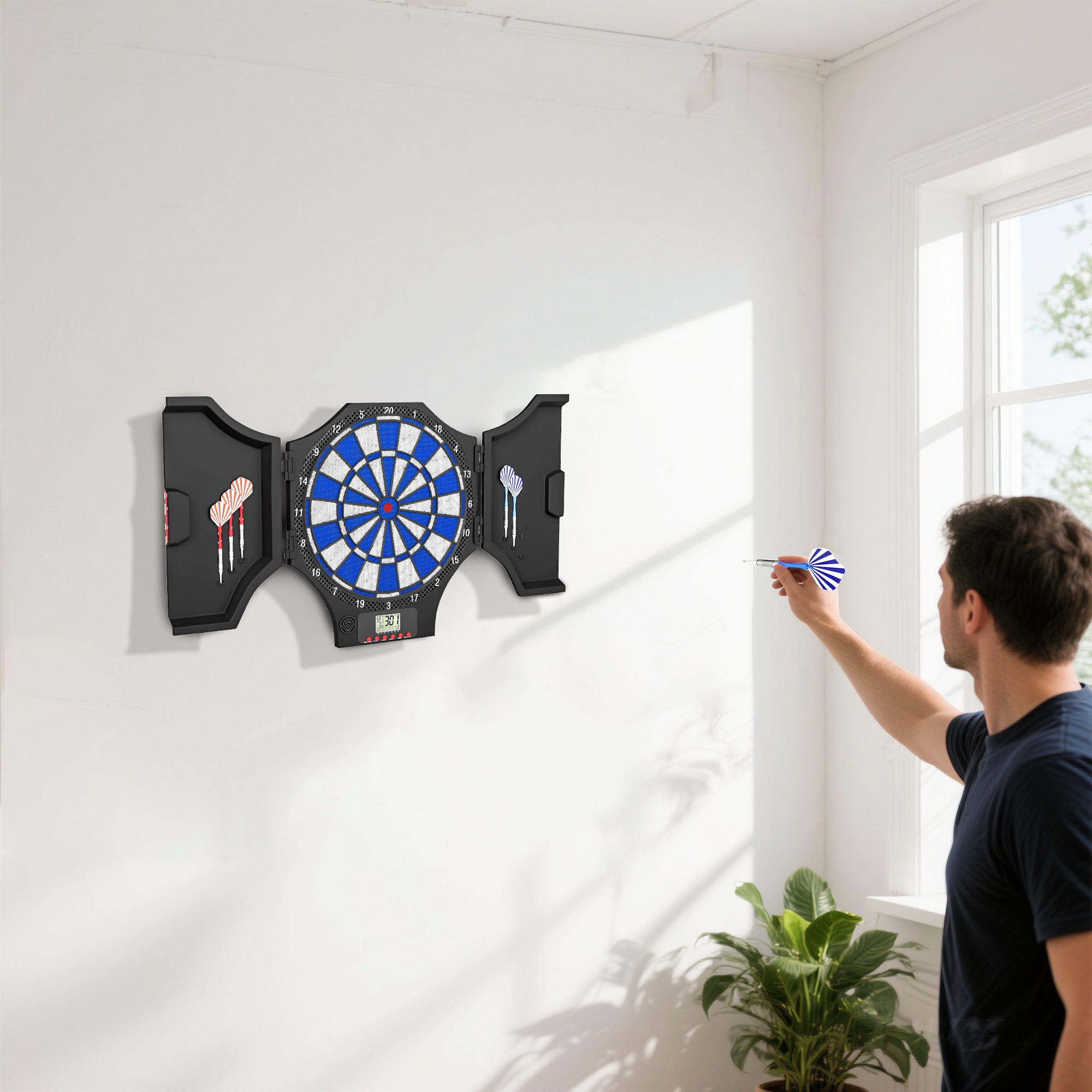 Soozier Electronic Dartboard Set with 31 Games and 285 Programs for 8 Players, Soft Tip Dart Board Set with Cabinet, 6 Darts and 6 Spare Tips, LCD Display